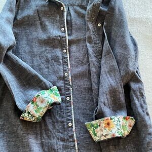 Dark grey 100% linen button down with floral trim.